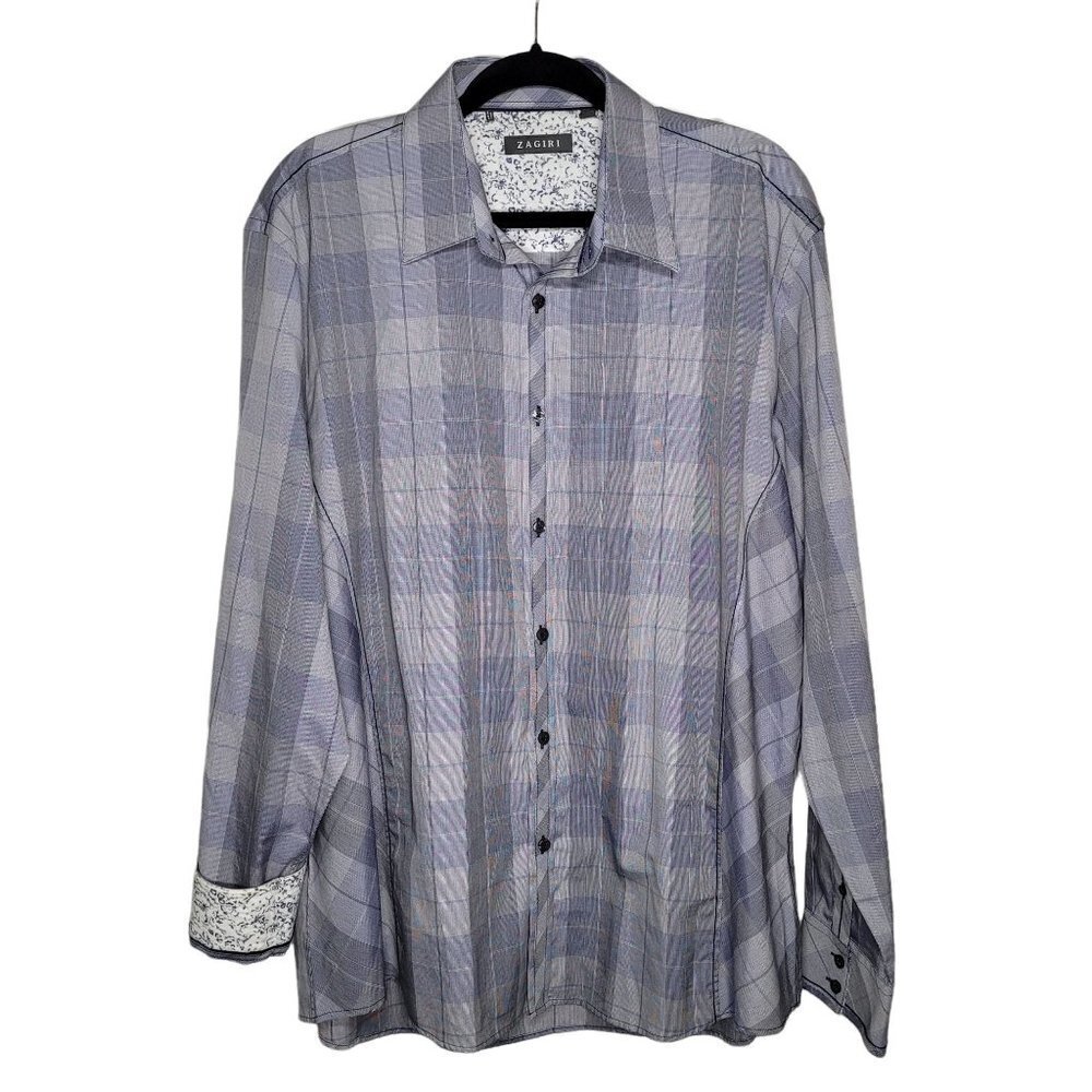 Zagiri Mens size 2XL blue gray plaid button up with contrast cuffs 100% Cotton